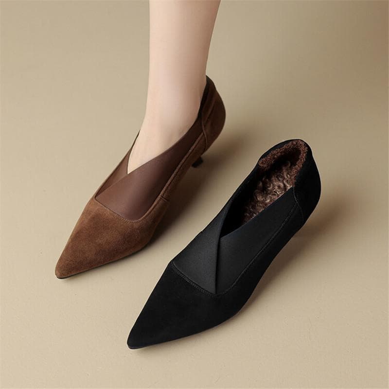 Mode Heta Nya Vår Fårskinn Dam Skor Spetsig Tå Plysch Dam Pumps Skor för Kvinnor Höga Klackar Djup Urringning Loafers Zapatos Mujer cm brun