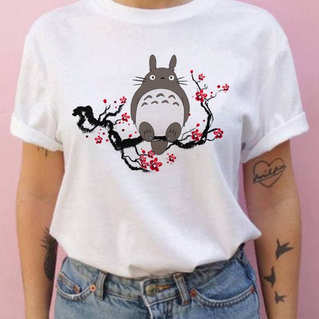 Sommar 100% bomulls T-shirt Studio Ghibli Totoro Harajuku-stil Kawaii Totoro Ghibli lös vardags T-shirt dam cm