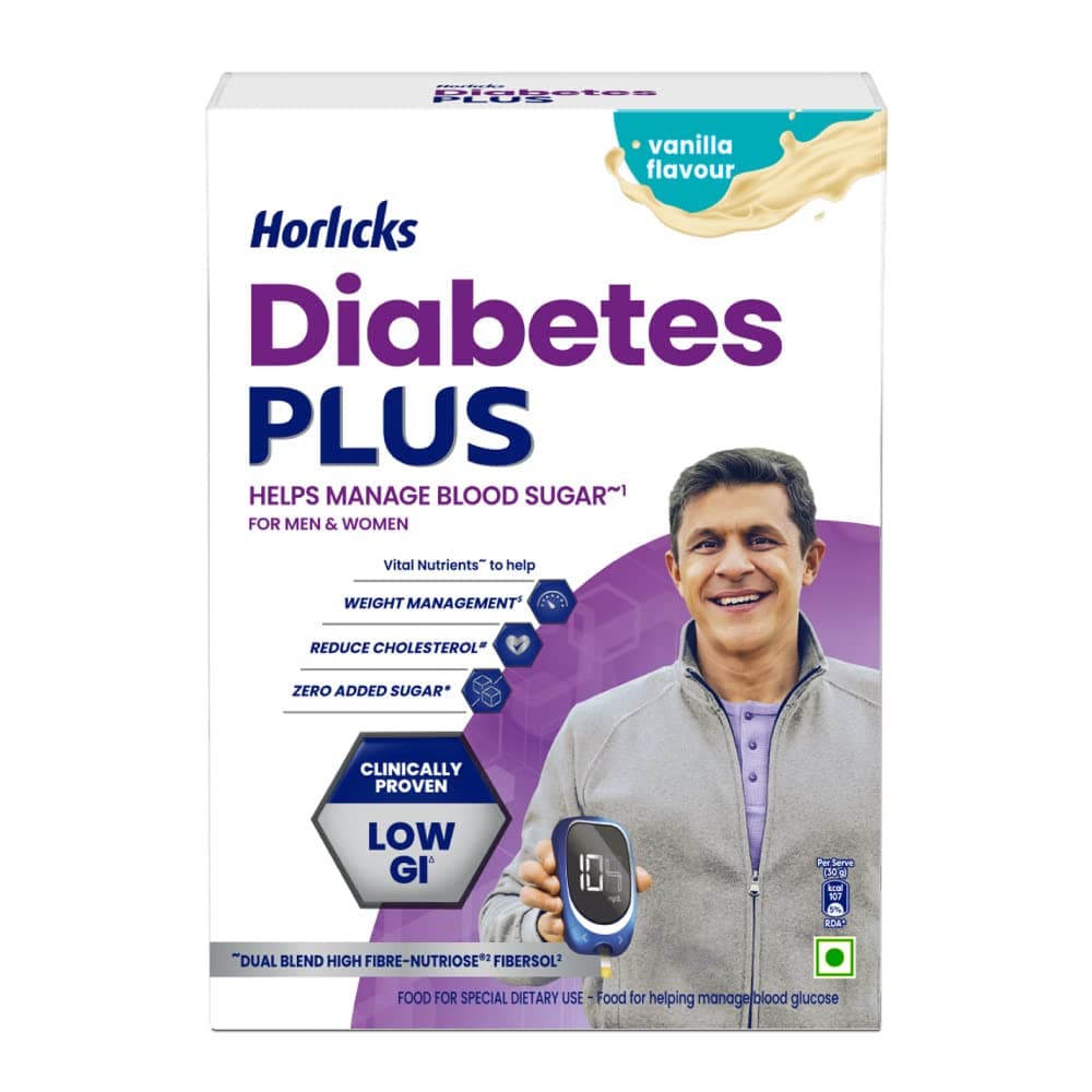 Horlicks Diabetes Plus Vanilj Näringsdryck 400g Högt fiberinnehåll Noll socker Stöder vuxna