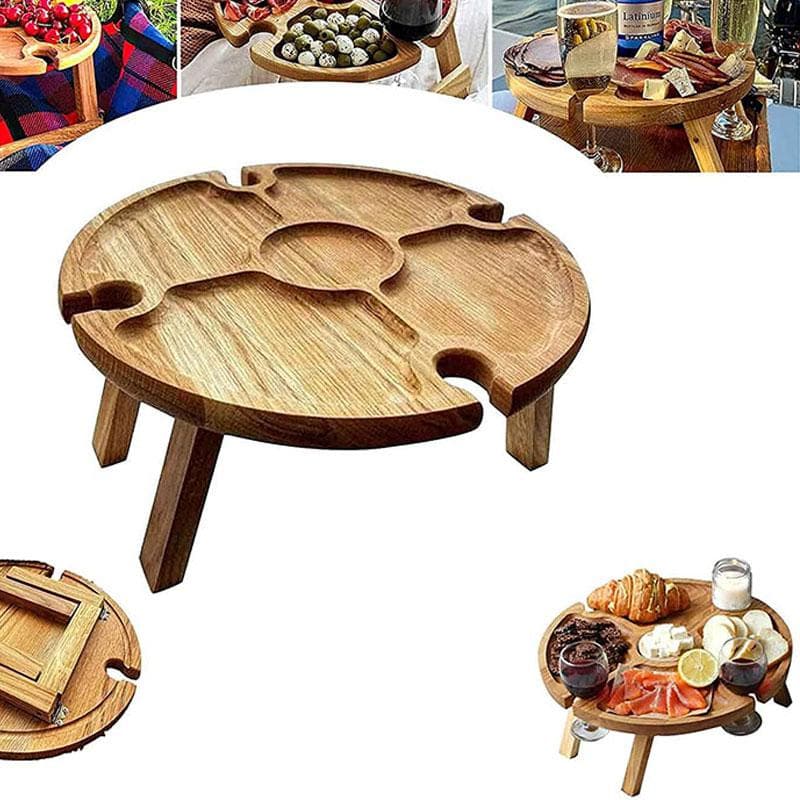 Fällbart picknickbord med mugghållare Runt hopfällbart skrivbord Vinglashållare Hopfällbart campingbord för fest Trä Utomhus