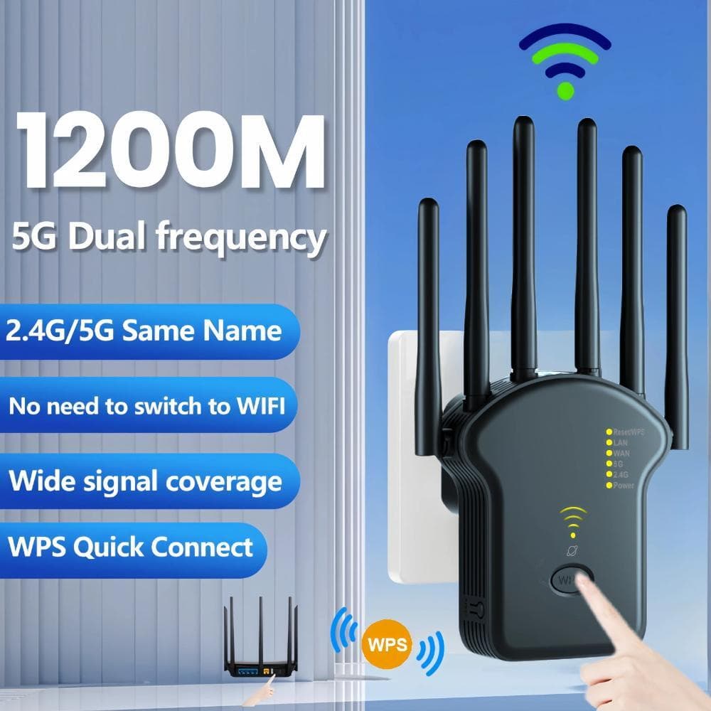1200Mbps WiFi Repeater Dual Band Trådlös Förstärkare 2,4G 5GHz Network Långdistanssignalförstärkare för Wi-Fi Repeater för hemmakontor svart
