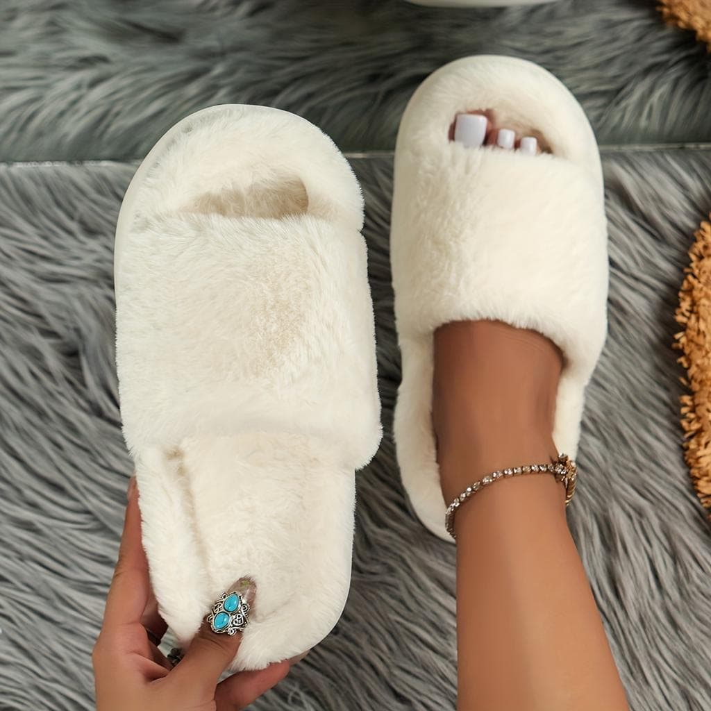 Mysiga fluffiga lurviga tofflor med enkel rem, öppen tå, luddiga platåskor, varma bekväma hemmaslippers cm vit