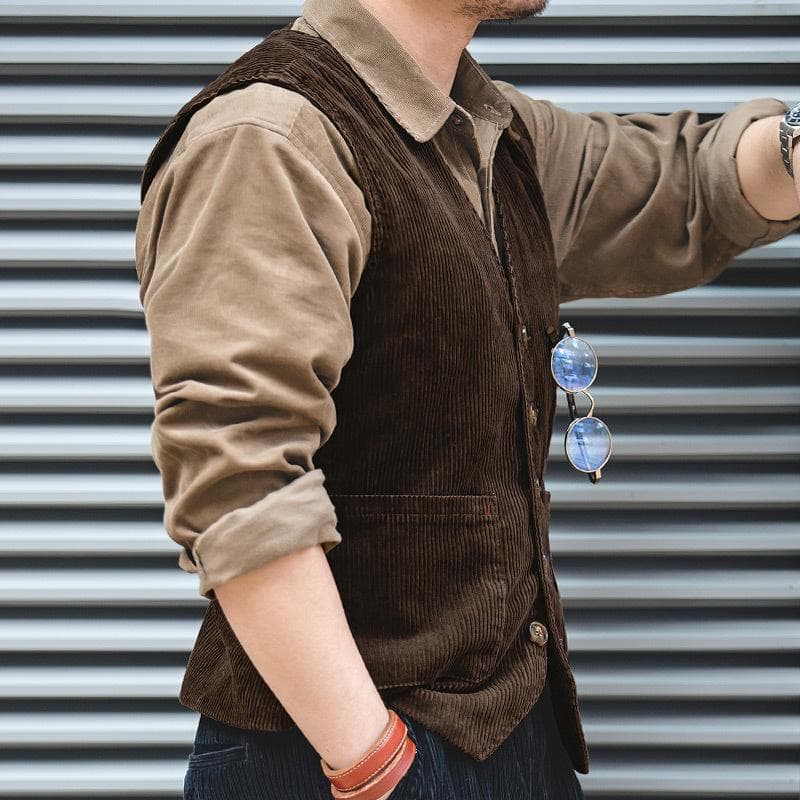Madden Workwear American Retro Khaki Corduroy Jaktväst - Brittisk Stil för Män cm blå