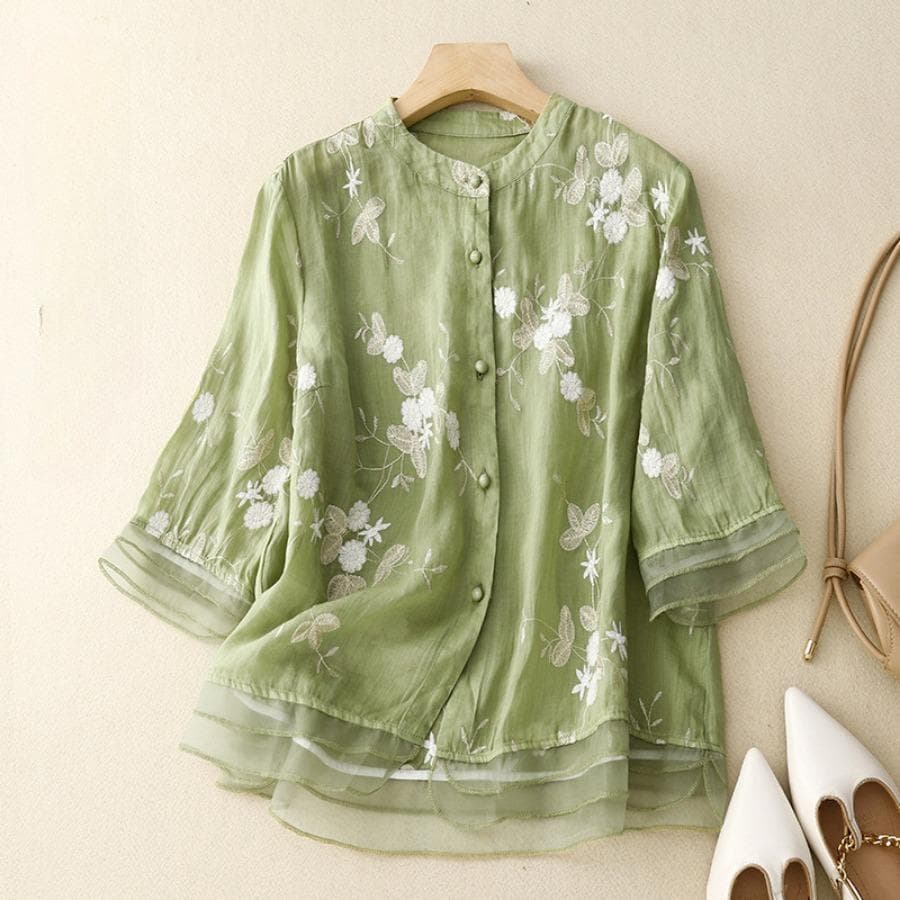 Sommar Retro Skjorta Dam Konstnärlig Broderad Blus Casual Sömmar Organza Topp cm