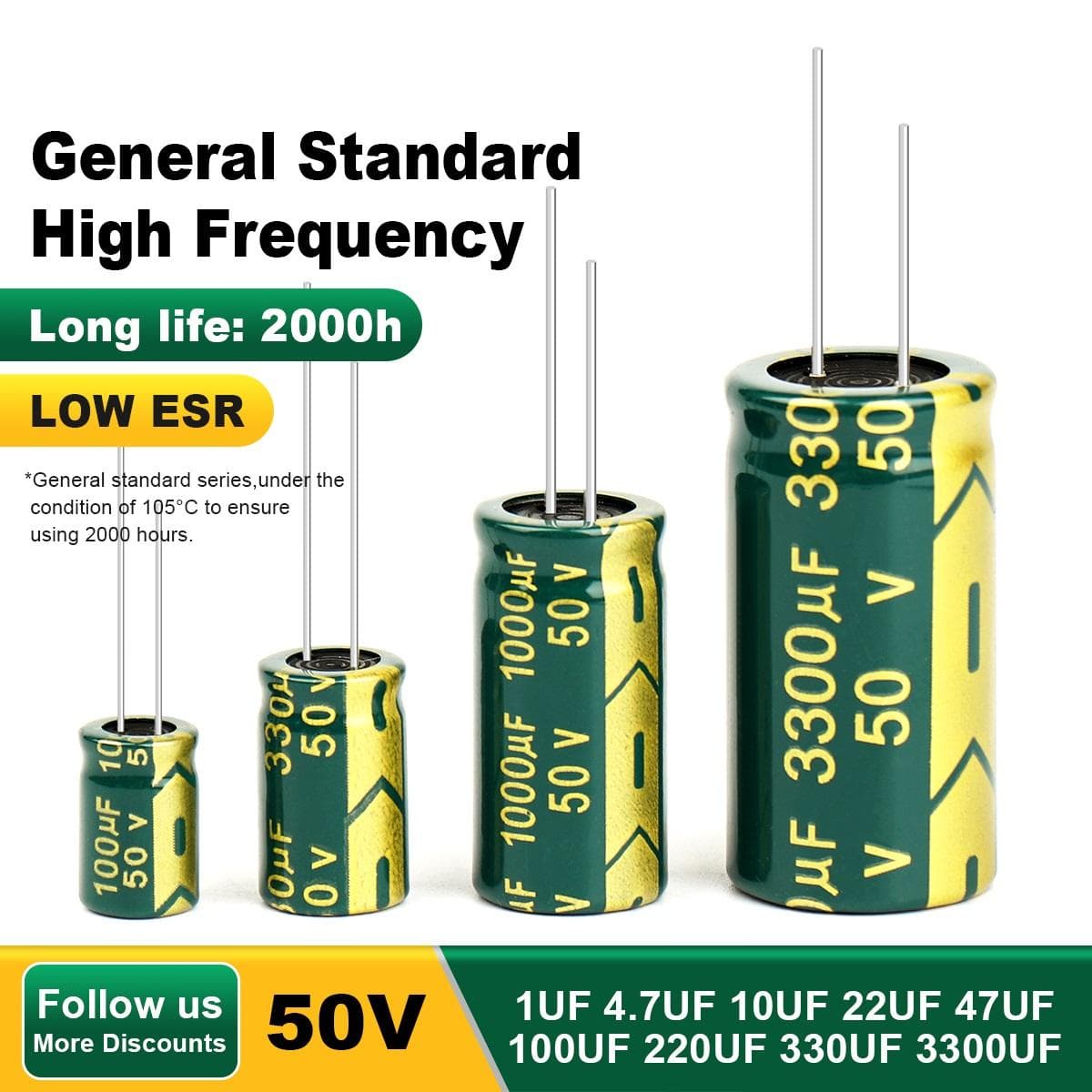 Aluminium elektrolytisk kondensator 50V 1UF 4,7UF 10UF 22UF 47UF 100UF 220UF Högfrekvent låg ESR-kondensatorer gör det själv 2000 timmar lång