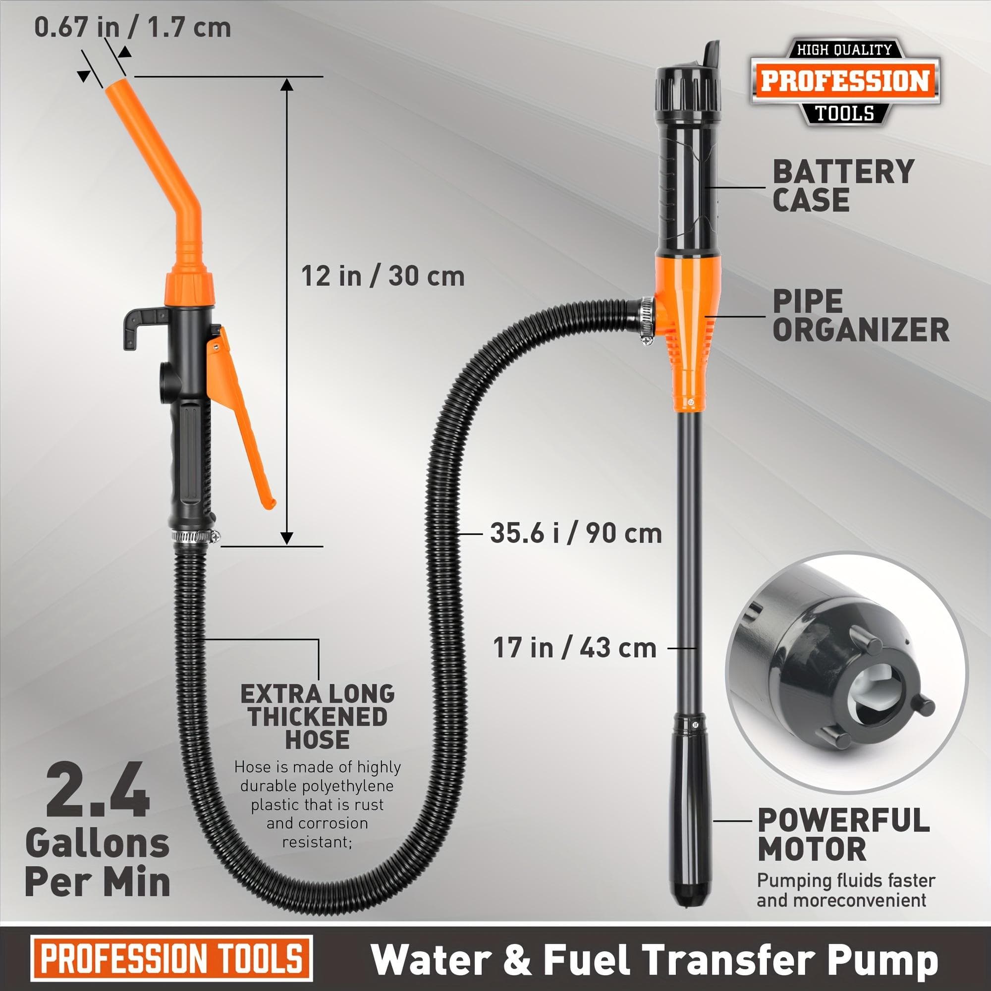 Elektrisk oljepump - Hög effektivitet 2,4 GPM, Orange/Blå, Plast, Manuell flödeskontrollmunstycke, Korrosionsbeständig, med förlängningsslang