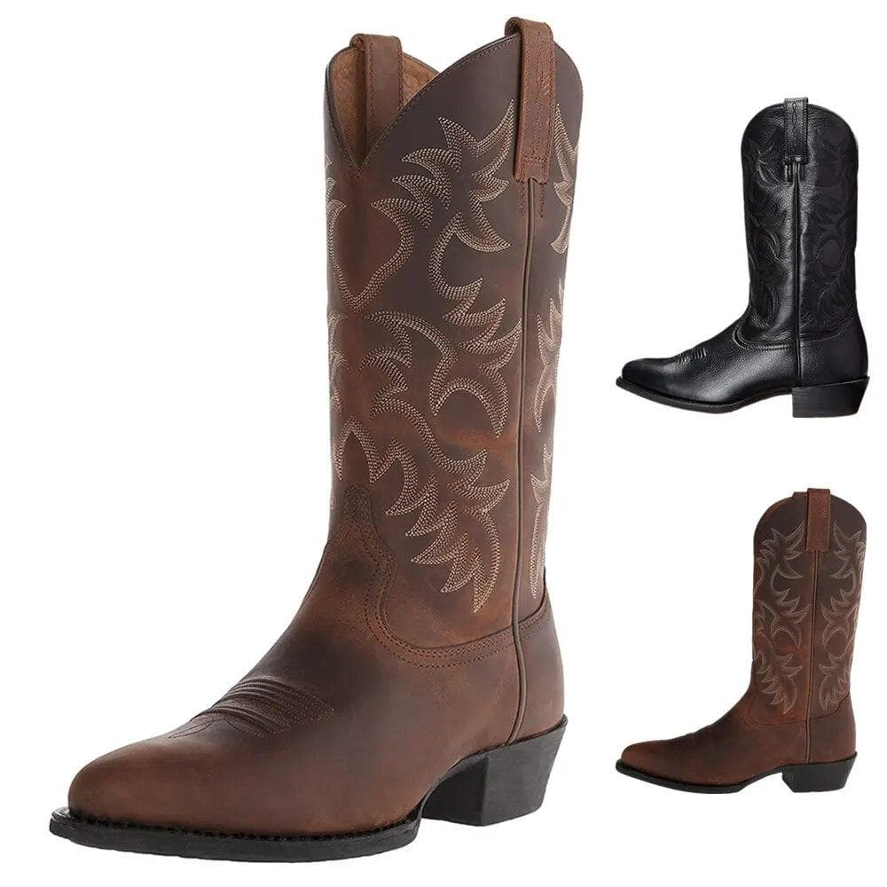 Herr Klassisk Westernstövel Läder Låg Klack Cowboy Westernstövlar Bekväm Broderi Western Knight Cowboy Stövlar Skor cm