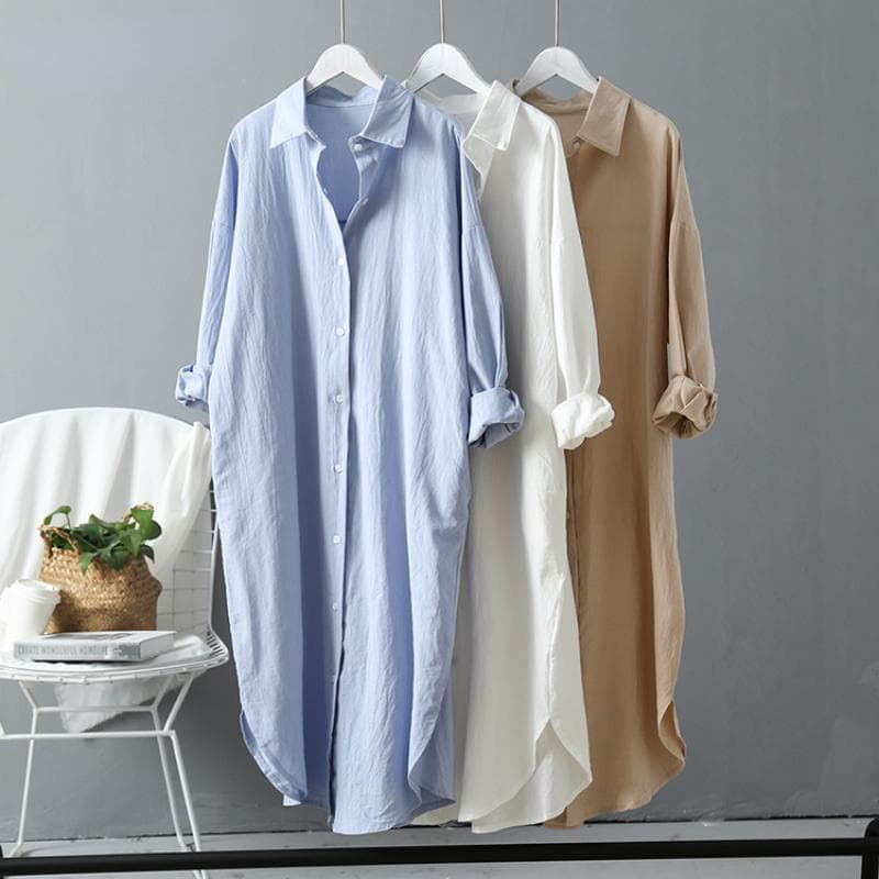 Kvinna Långskjorta Klänning Bomull Lösa koreanska Kläder Sommar Höst Khaki Oversized Pure Midi Klänningar cm khaki