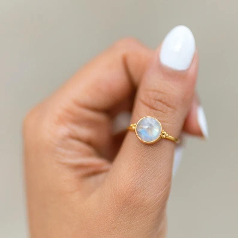 Månsten Gult guld Ädelstensring, solid 925 sterling silverring, handgjorda smycken, bröllopsförlovningspresent