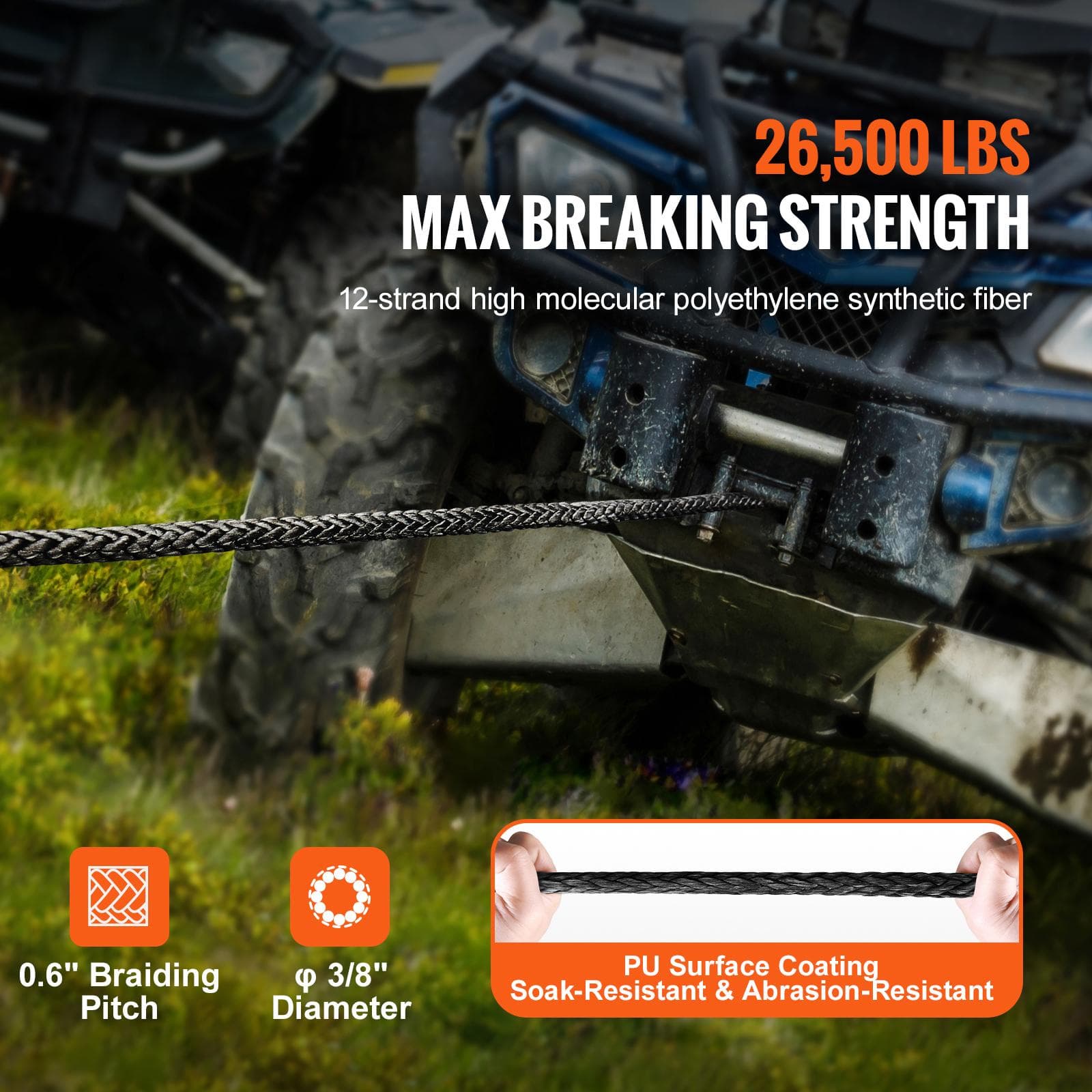 SucceBuy 26500/32000Lbs Syntetisk vinschlina Lastbil Båt Ersättningslina Kabelrep med Smidd Krok ATV Bil Utomhustillbehör