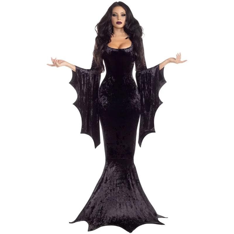 Kostym Morticia Addams Lång Klänning med Släp Halloween Skräck Mörk Outfit Gotisk Klänning Robe Fladdermusärm Skräck För Vuxen cm svart