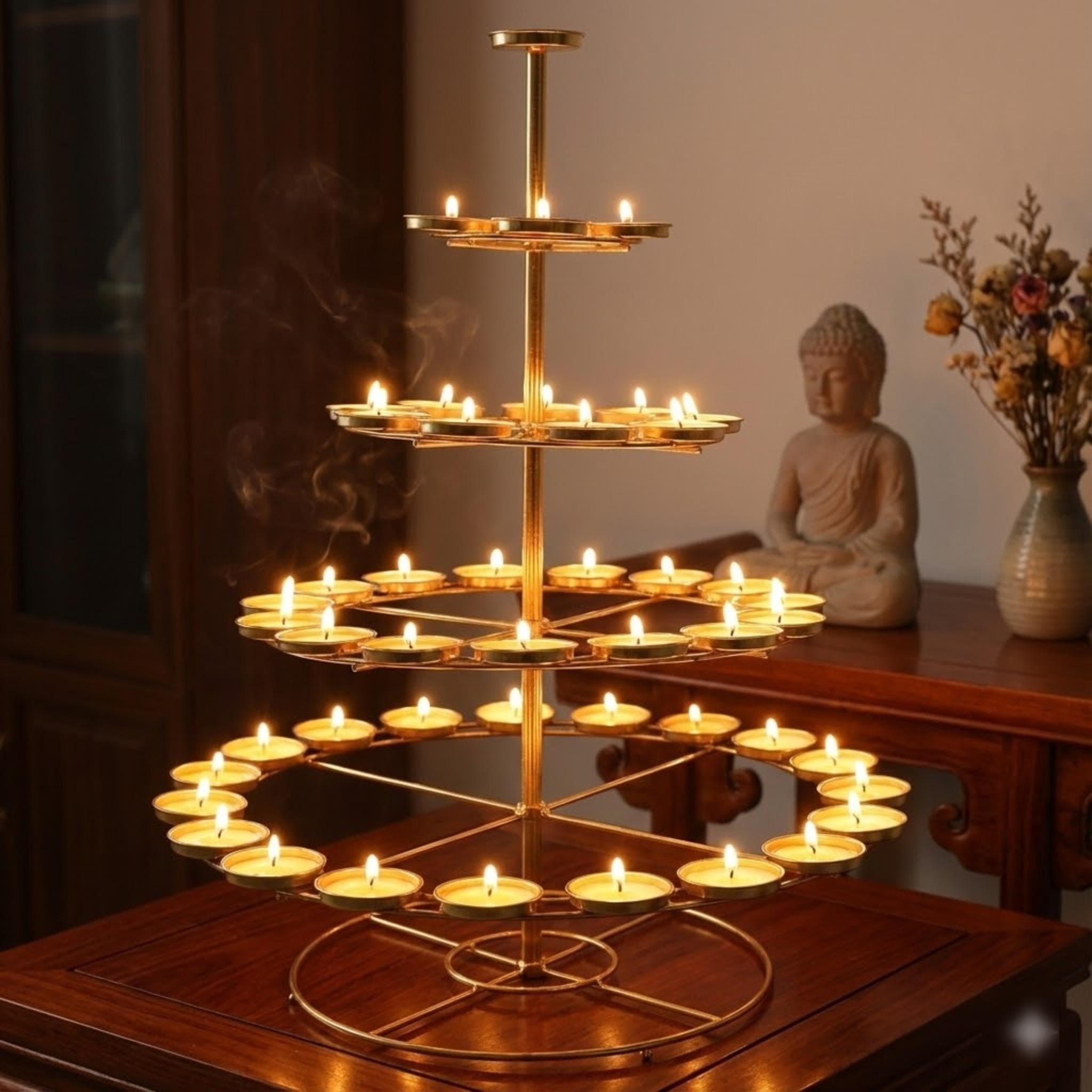 Gyllene Ghee Ljusstake Stor Flervånings 49-Koppar för Buddhistiskt Tempel Hemaltare Dekor
