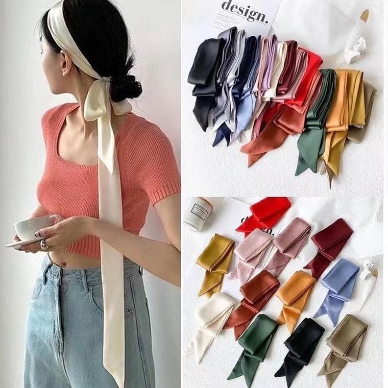 Superlång 200 cm enfärgad tunn och smal silkescarf dam mångsidig liten scarf dekorativt pannband streamer knuten i håret