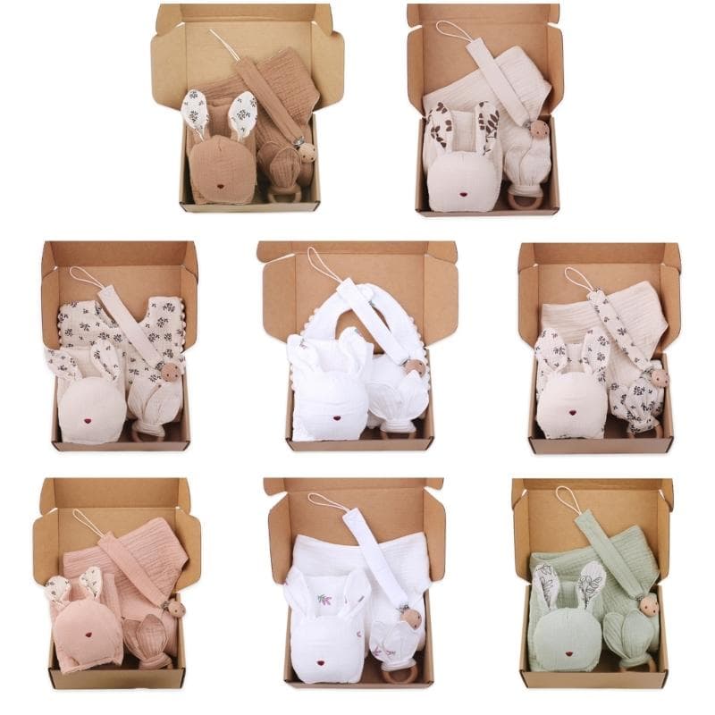 Nyfödd presentlåda Set Djuröron Trösthandduk Napphållare Nyfödd Tandningsrassel Dregellapp Baby Shower Present 5 ST