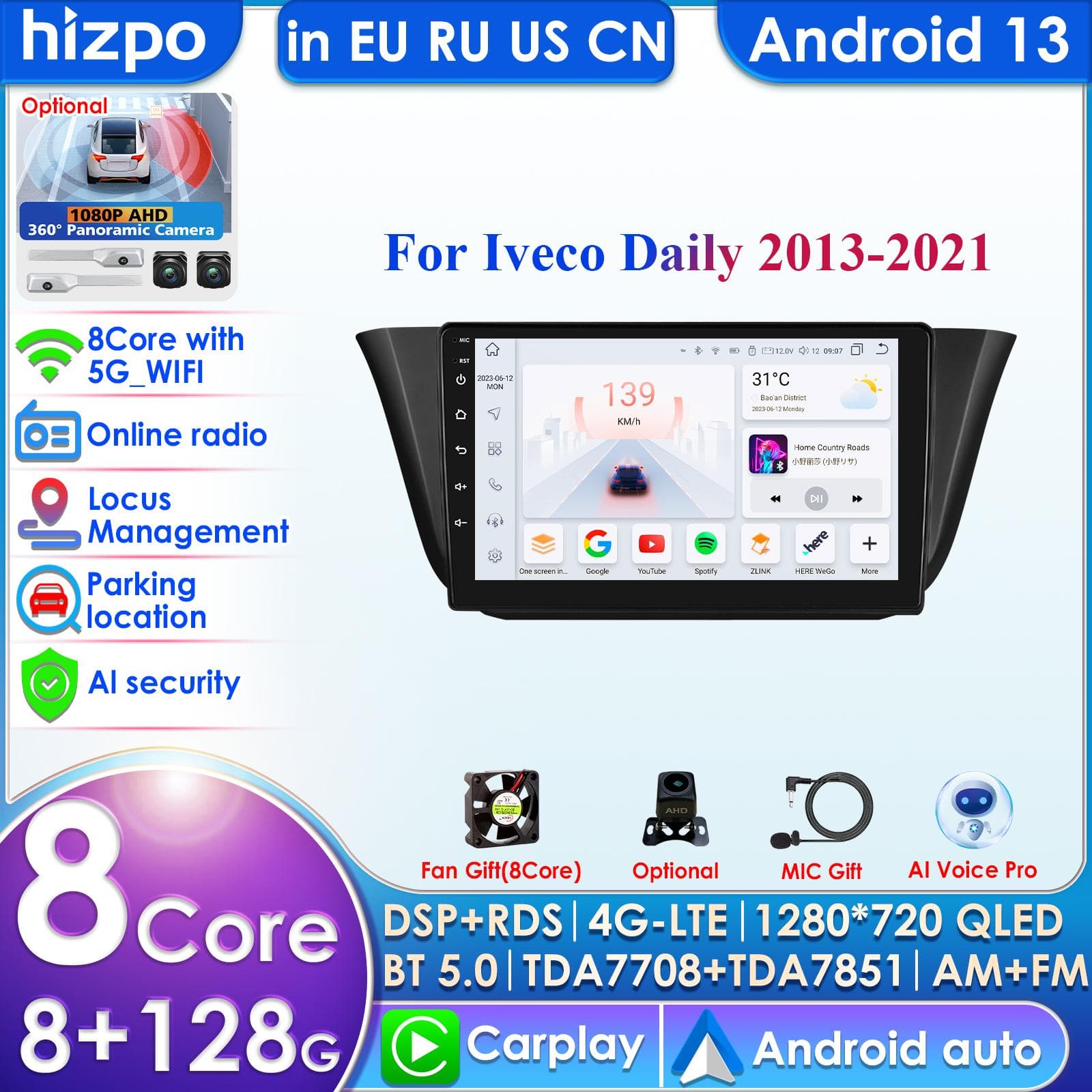 Hizpo 4G 9'' AI Intelligent System Trådlös CarPlay Android Auto Radio för Iveco Daily 2013-2021 Bil Multimedia GPS 2din Intelligent Skärm DVR