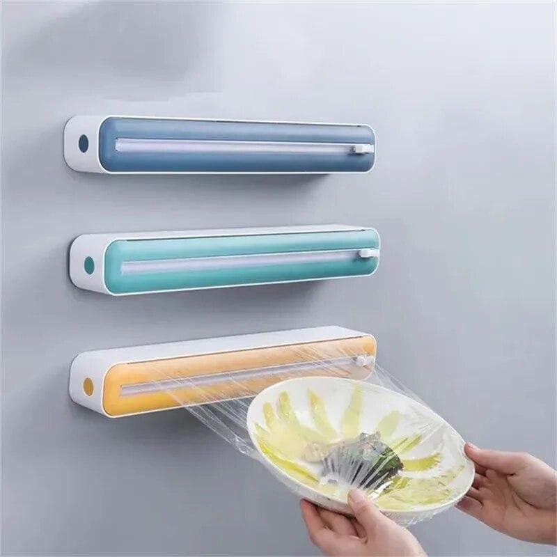 2 i 1 plastfolieskärare matfilmsdispenser Tennpapper Aluminiumfolie Pergamentpapper Förvaring Skärlåda Kökspaketverktyg