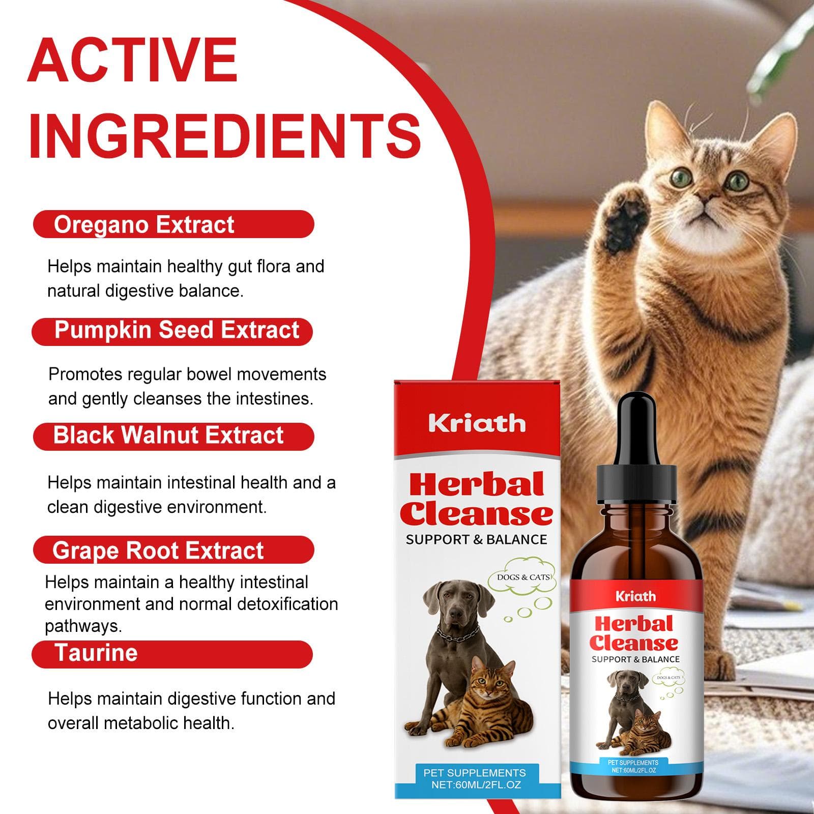 Kriath Pet Care Drops 60ml Reglerar tarmhälsan hos katter och hundar, främjar näringsupptagningen och ger näring åt deras matsmältningskanal.