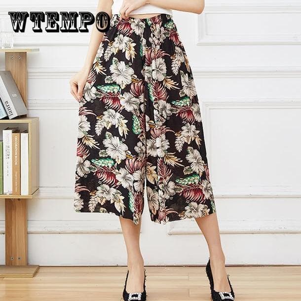 WTEMPO Kvinnor Vår Sommar Höst Stor Storlek Elastisk Hög midja Breda Ben Culottes Lösa Casual Blommiga tryckta Tunna Cropped Byxor cm