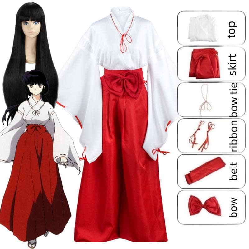 Anime Inuyasha Kiky Kikyō Cosplay kostym Häxa Japansk Kimono Performance Kläder Peruk med toppar Kjol Uniform Halloween Party cm