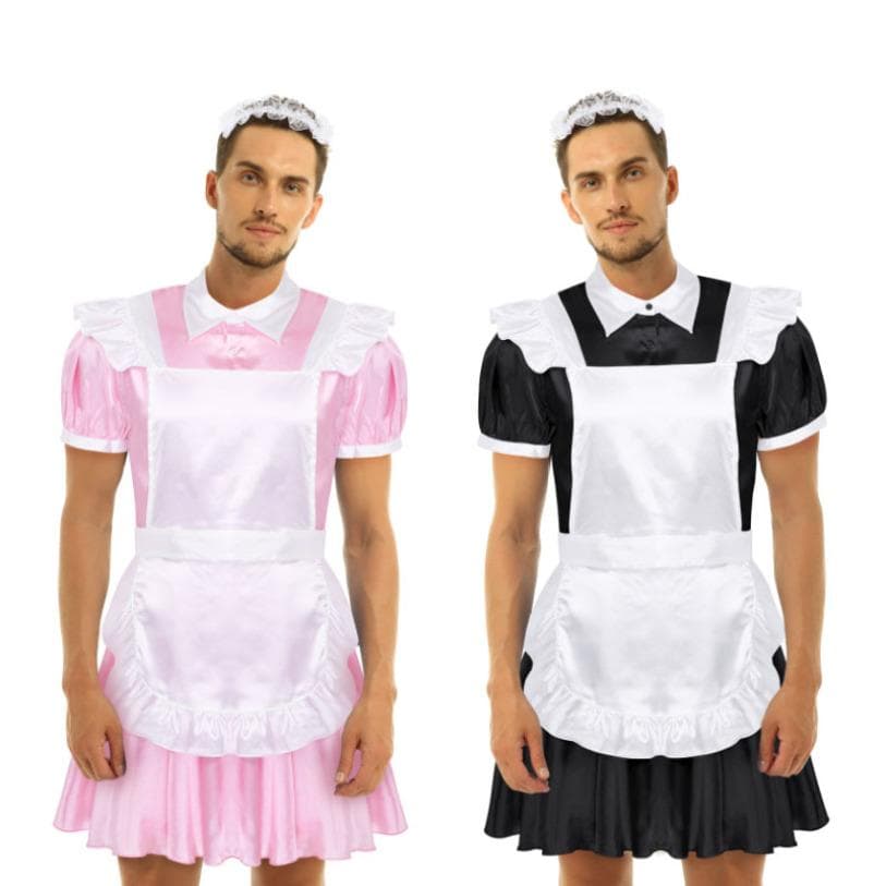 Män Sissy Maid Cosplay Outfit Puffärm Front Button Down Klänning med förkläde och pannband cm rosa