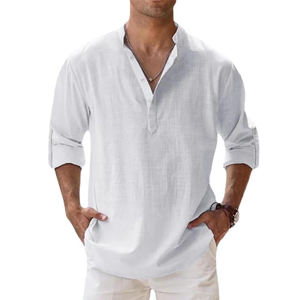Nya bomullslinneskjortor för män Fritidsskjortor Lättvikts långärmade Henley Beach-skjortor Hawaiian-tröjor för män Streetwear cm grå färg