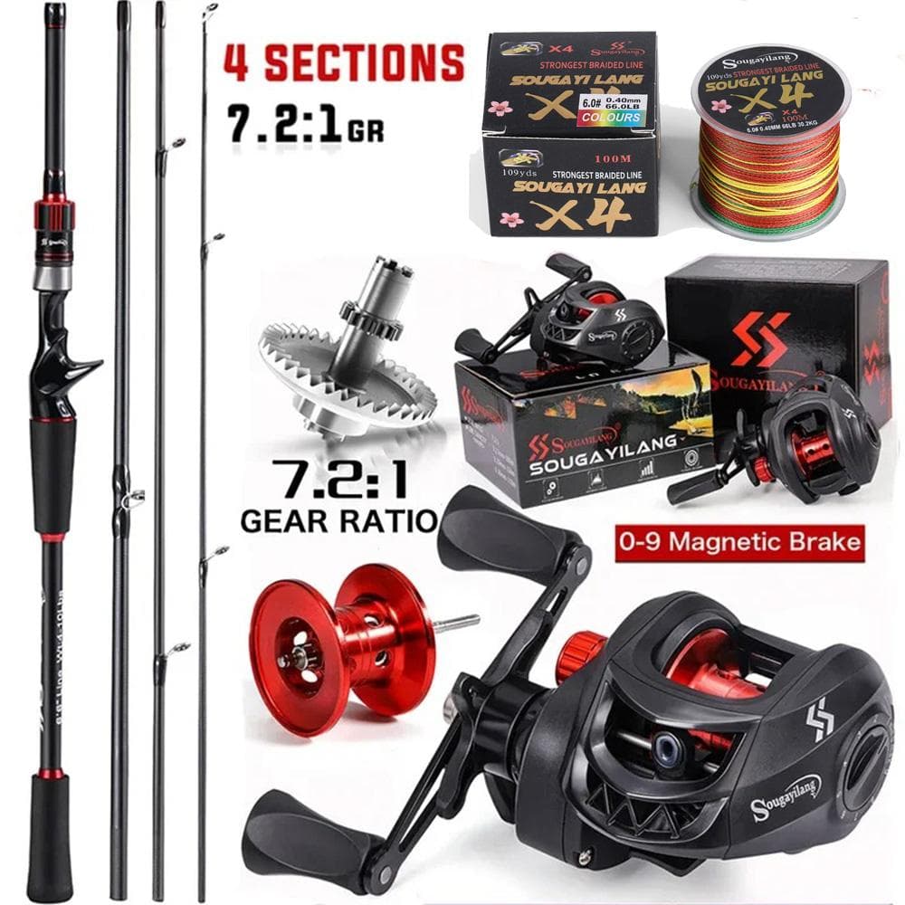 Sougayilang fiskespö Combo 1,8~2,1 m kolfiber gjutspö och 7,2:1 Gear Ratio Baitcasting Ree Max Drag 10kg för bas röd