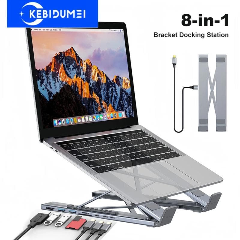 USB C Laptop Dockningsstation Ställ med 8-i-1 HUB USB3.0 4K HDMI SD TF Kortläsare Justerbart Aluminiumfäste för PC Notebook