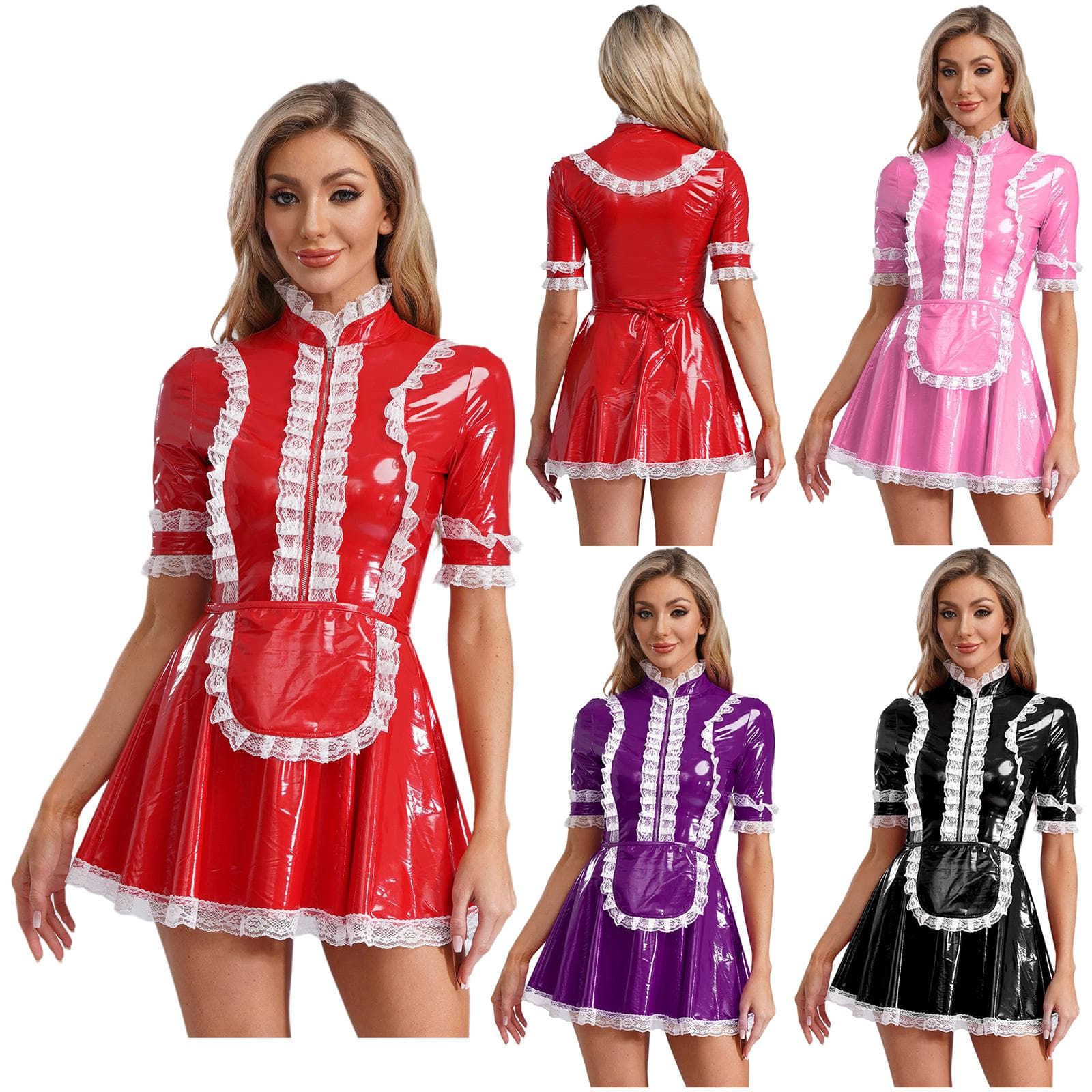 Dam PVC-läder Spetskant Maidklänning med Förkläde Anime Cosplay Rollspelskostym cm svart