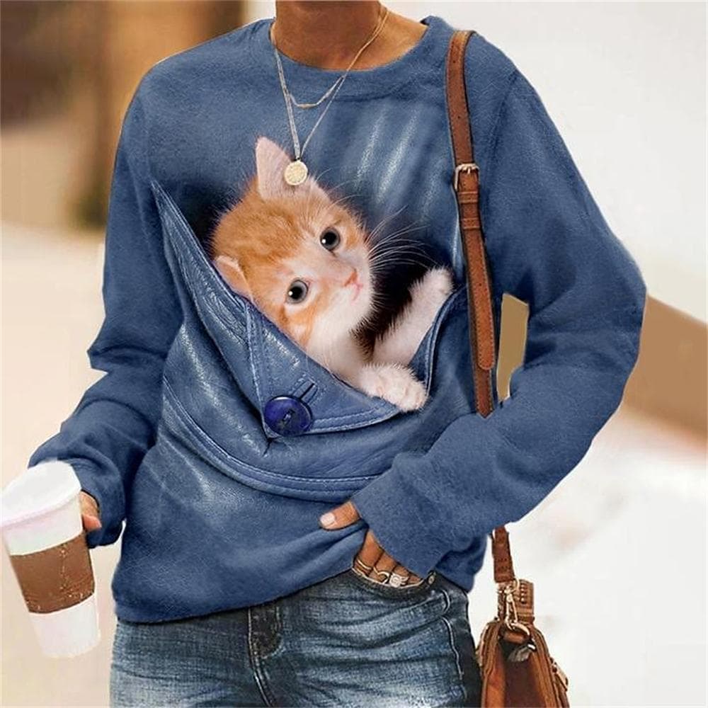 Höst T-shirt dam Kawaii Cat Sweater Långärmad tröja Mode Streetwear Pullover Dam T-shirt för flickor cm