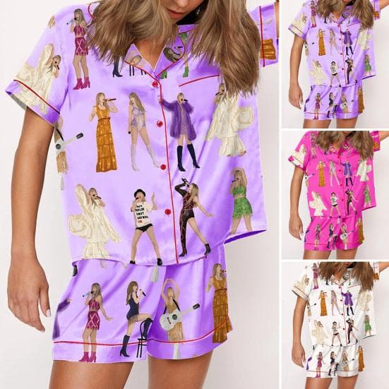 2 st/set Sommarpyjamasset Countrymusiksångare Fans Sovkläder Satin Revers Knäppning Skortset Lös Elastisk Midjeband Shorts Pyjamas cm vit