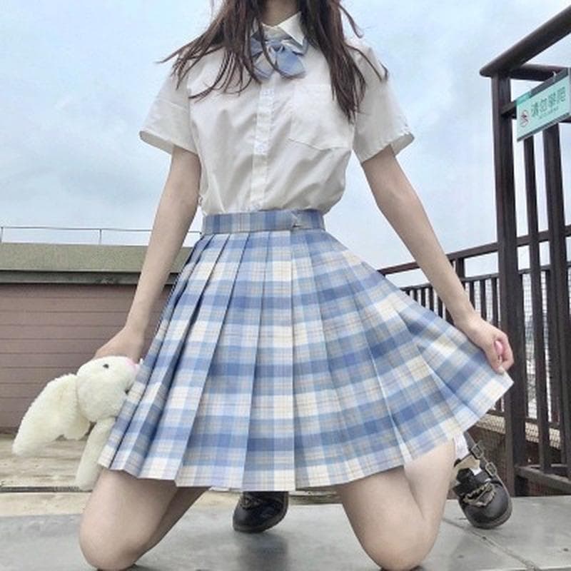 3st Kvinnor Anime Uniform Set Plisserade kjolar Sommar JK Skjorta Kortärmade Toppar Mini Rutig Kjol Kostym cm grön