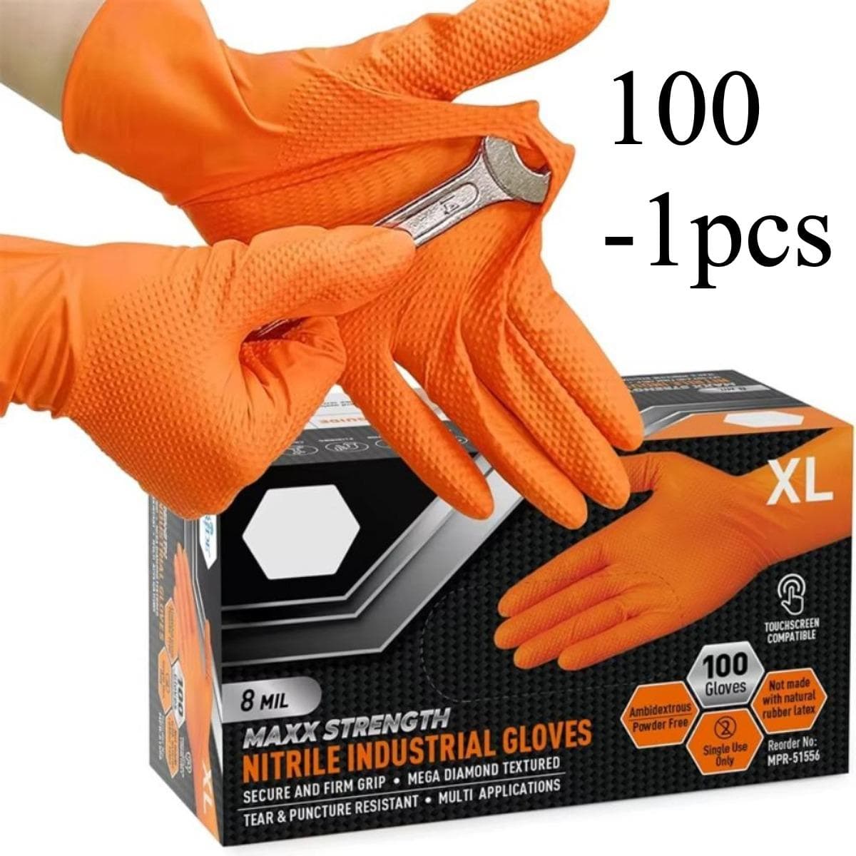 100-1 st Kraftiga Orange Nitril Engångshandskar med Diamantmönstrad Greppyta för Industri- och Mekanikersäkerhet orange