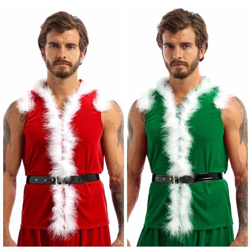 Jultomtekostym för män Ärmlös sammetshuvkappa med läder midjeband Fancy Cosplay Dress Up cm grön