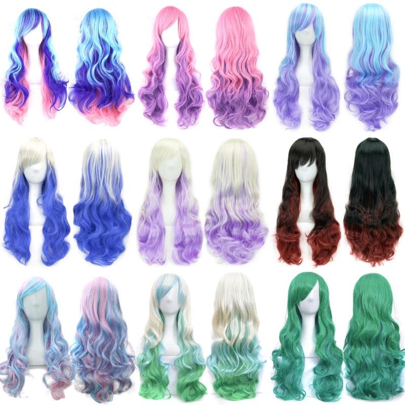 28 tums anime peruker långa syntetiska hår peruker för kvinnor värmebeständigt fiber festhår röd svart vit regnbåghår cosplay peruk blå