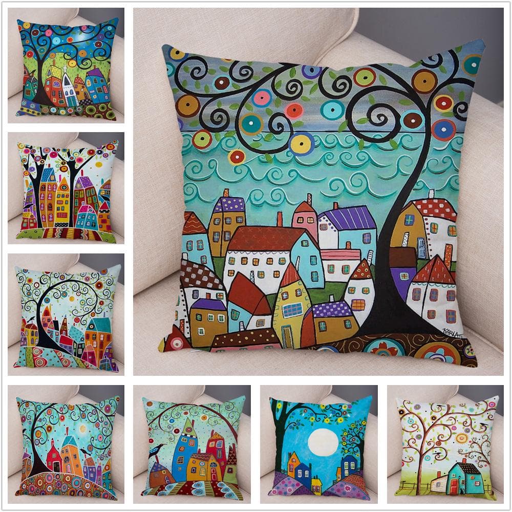 Färgglada Cartoon House Örngott Retro Country Colors Urban Soffa Kuddfodral Hem Bildekoration