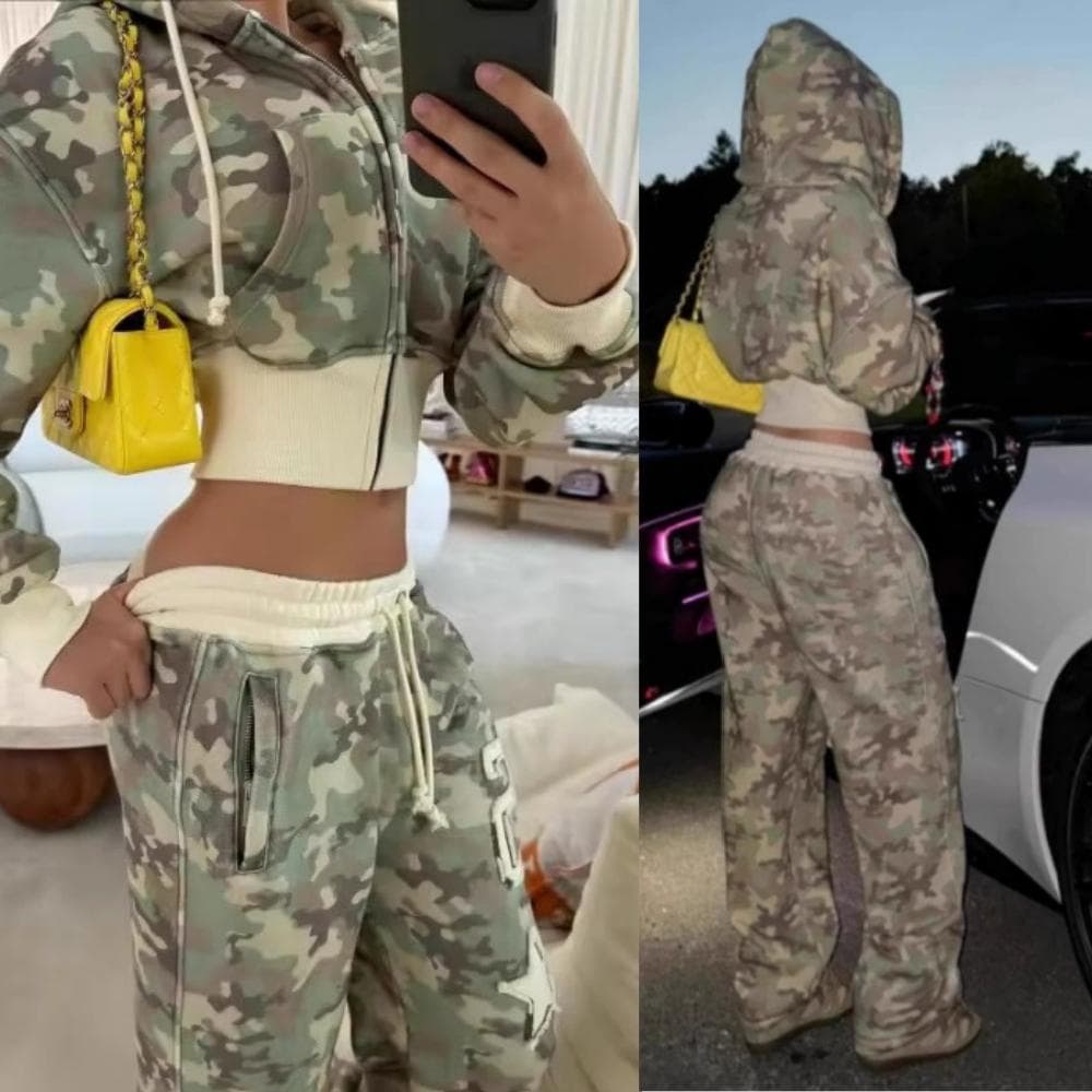 BeatStreet Mode Y2K Kamouflage Huvförsedda Tvådelade Set Dam Dragkedja Långärmad Croppad Topp och Byxor Outfits Höst 2 delar Streetwear cm beige