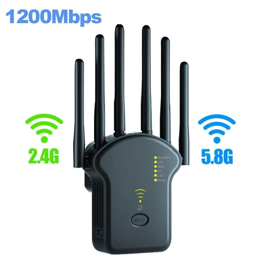 5G 1200Mbps Trådlös WiFi Repeater WiFi Signal Repeater 2,4G 5,8G Dual-Band Wi Fi Extender 6 Antenn Nätverksförstärkare WPS Router 2024 Ny svart
