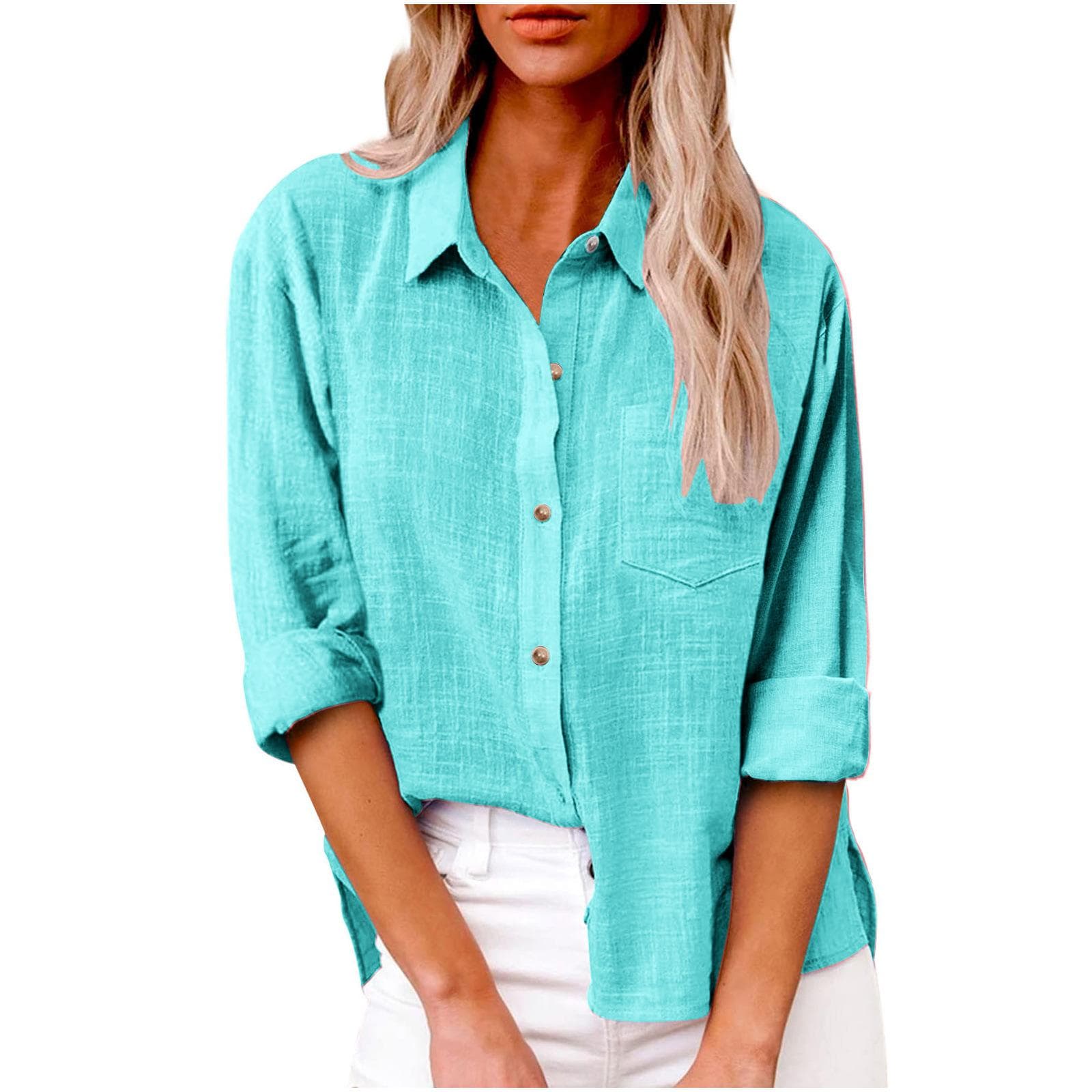 Dam Toppar Vår Höst Enfärgad Bomull Linne Skjortor Lapel Långärmad Button Up Pocket Blus cm