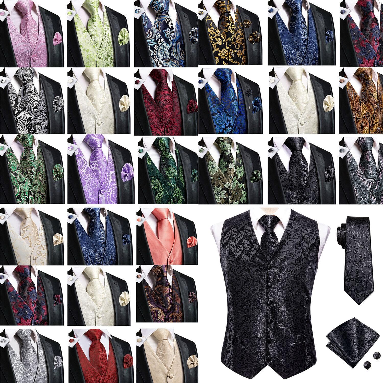 Hi-Tie Herrväst Siden Paisley Blommor Tie Näsduk Manschettknappar SET Formell cm