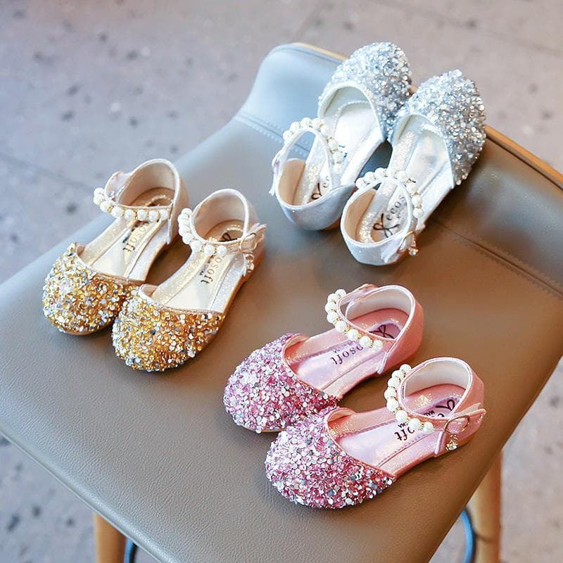 Sommar Nytt Mode Flickskor Rhinestone Shiny Princess Skor Kardborreband Singelskor Pearl Paljett Dansskor cm gyllene