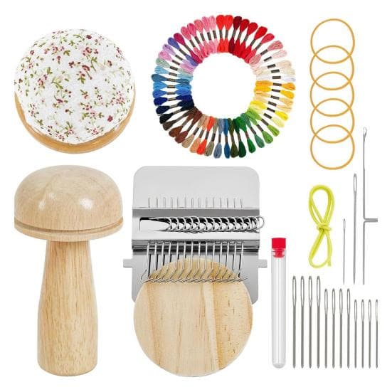 Mini Lagningsvävstol Kit Träsvamp för Lappning Stickad Lagningslapp Tillverkare Kit Vävstol med 50 Färgtrådar Nålar med Stort Öga