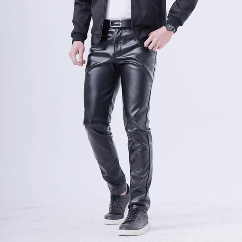Tunna läderbyxor Motobyxor för män Vår Sommar Mode Färg Elastiska Slim Fit PU Byxor Vindtät Vattentät Man Bottom cm vit