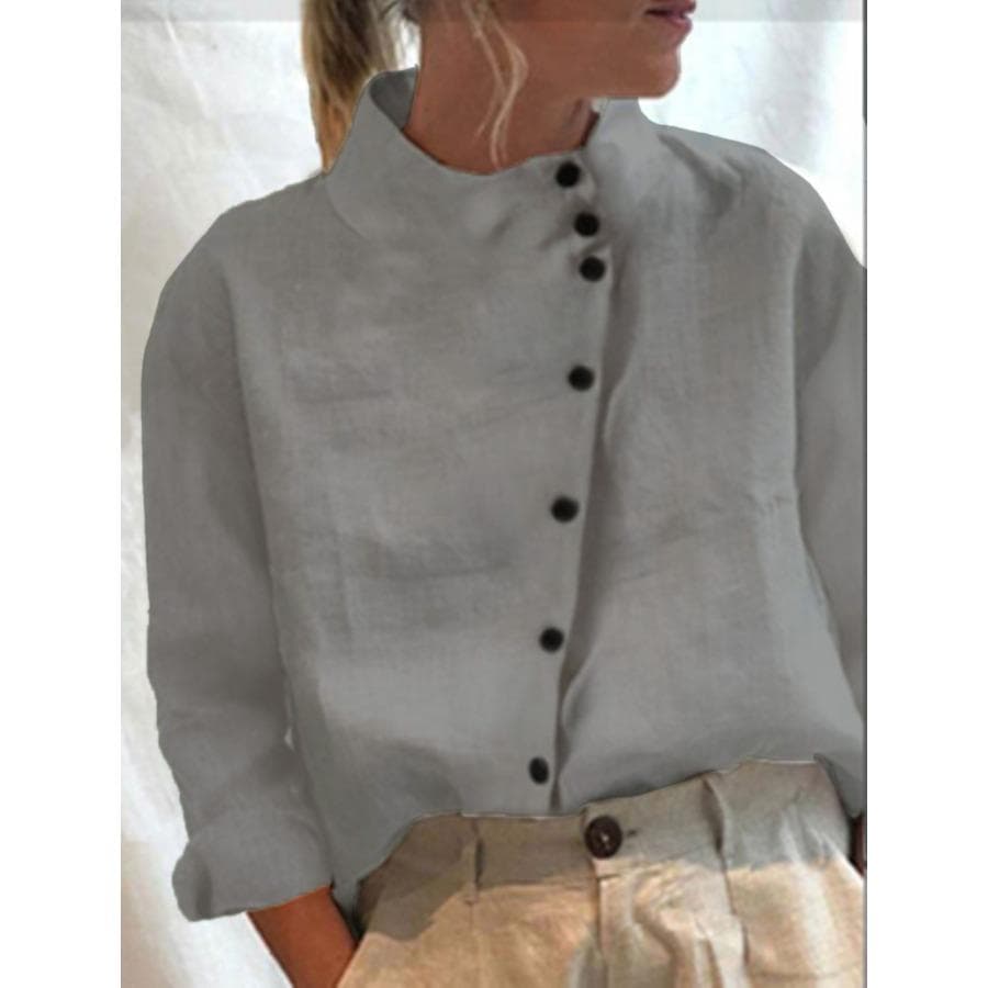 Damer Casual blus våren sidoknapp bomull blus enfärgad långärmad linne toppar Casual dam andas skjorta cm grå