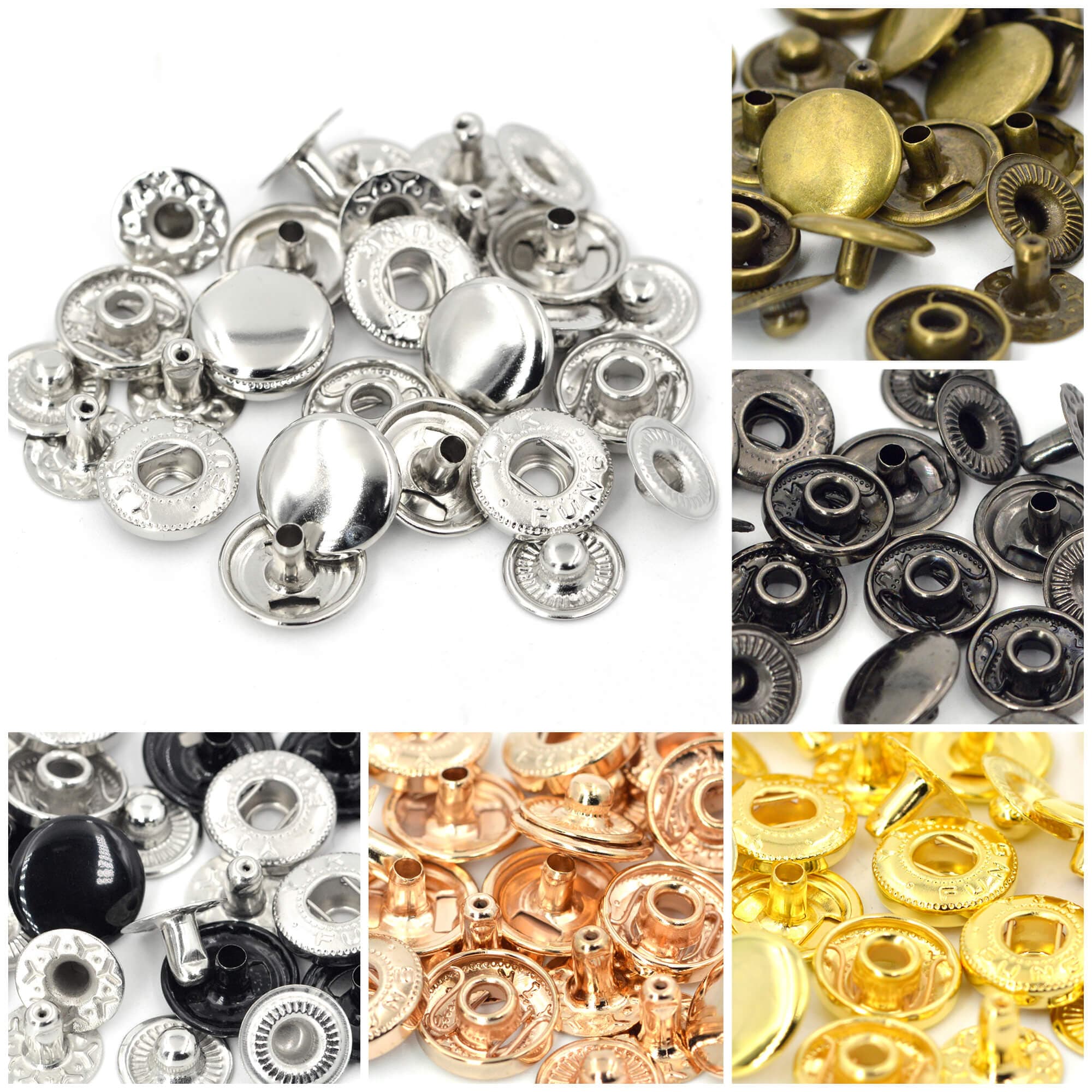 50 set Metall Snäppfästen Tryckknappar Snäppknappar Poppers 10mm(#655), 12,5 mm(#633), 15 mm(#831) mörkgrå färg