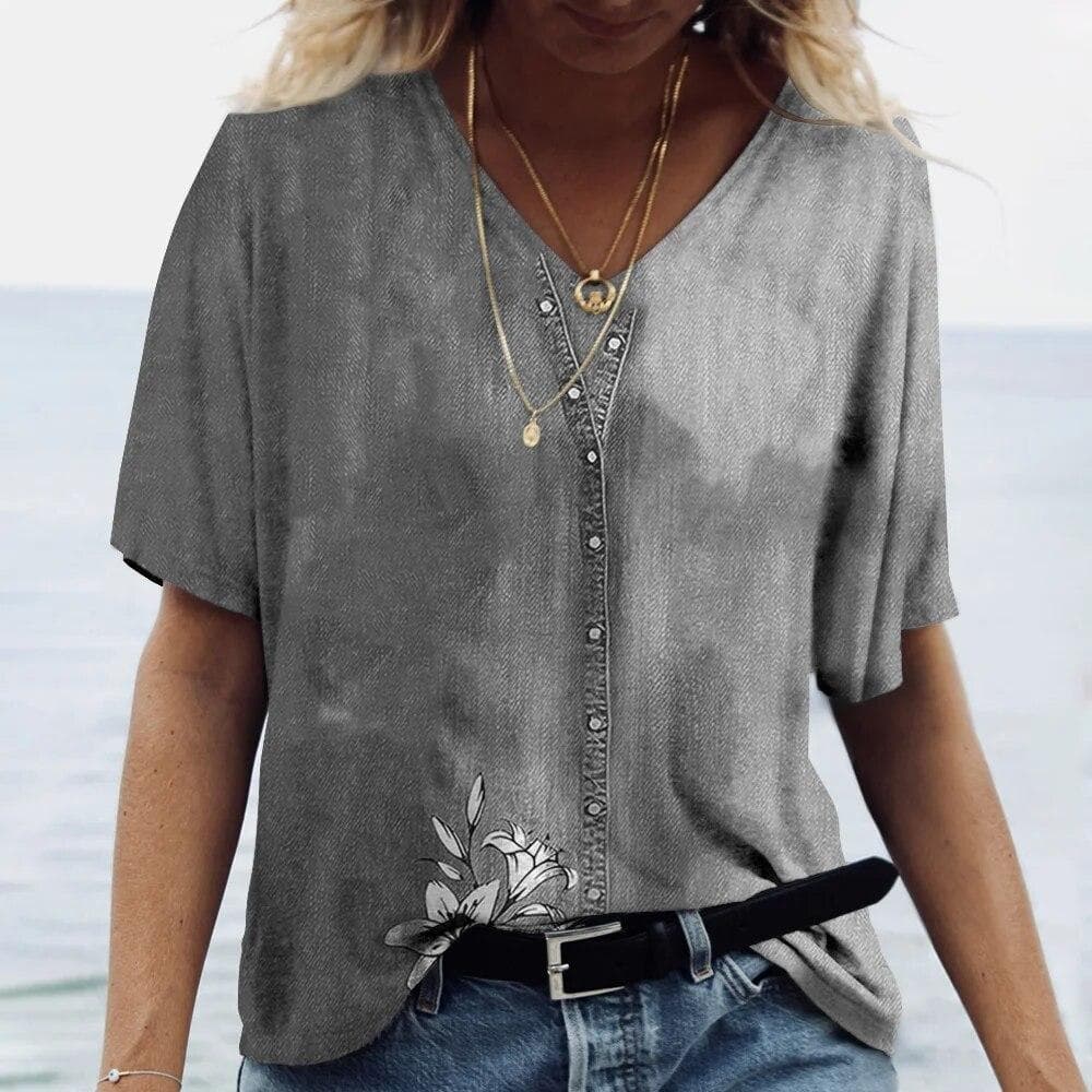 2022 Sommar T-shirt dam Kort V-hals Kläder 3D Blommönster Mode T-shirts Harajuku Toppar 5xl Casual Oversized T-shirts för kvinnor cm