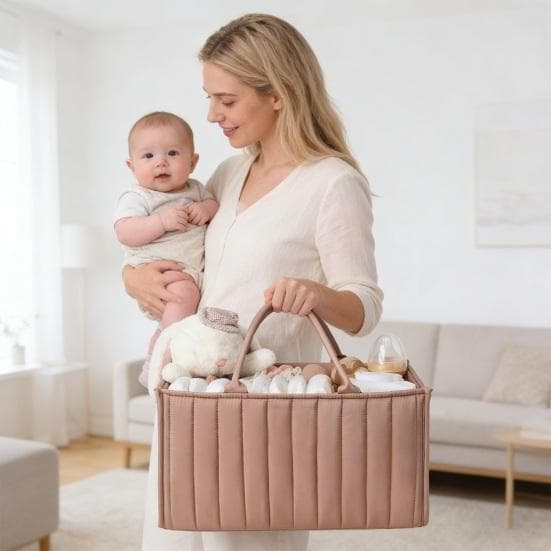 Blommig Quiltad Blöjväska Förvaringskorg med Blommor Blommig Babyblöjkorg med Handtag och Avtagbara Mellanväggar för Barnkammare Bil