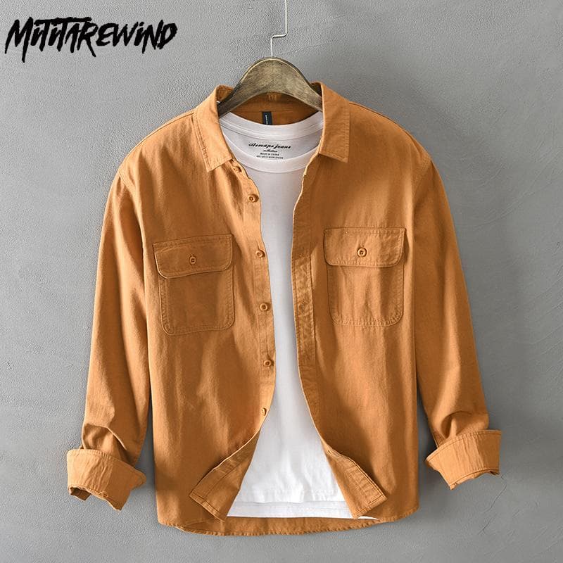 Koreanskt mode Cargo Shirt Herr Vår och Sommar Daglig Fritidsdaglig Lösa skjortor Fick Turn-down krage Långärmad Ren bomullsskjorta Ungdom