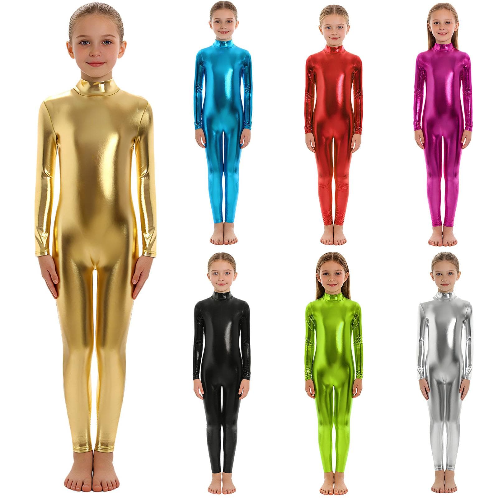 Unisex barn metallisk jumpsuit halloweenkostym, falsk halsringning långärmad hel längd leotard för rollspel och dansuppvisning cm gyllene