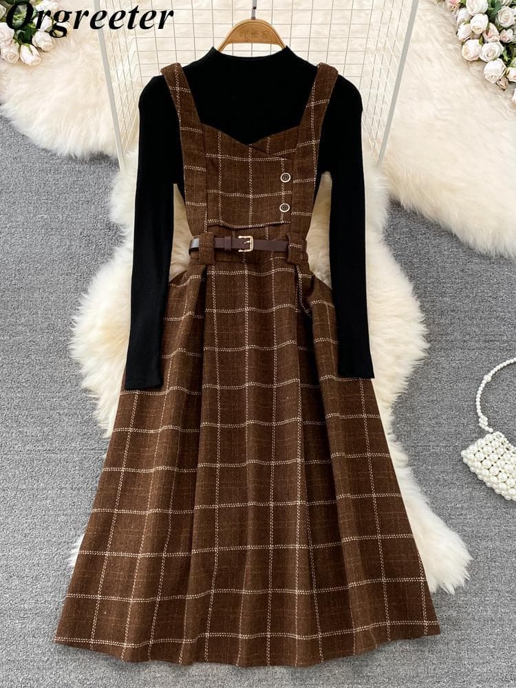 Hög kvalitet Höst Vinter Dam Tröja Klänning Set Casual Stickade Toppar + Rut ylle Tweed Klänning 2 delar Klänningar Dam cm