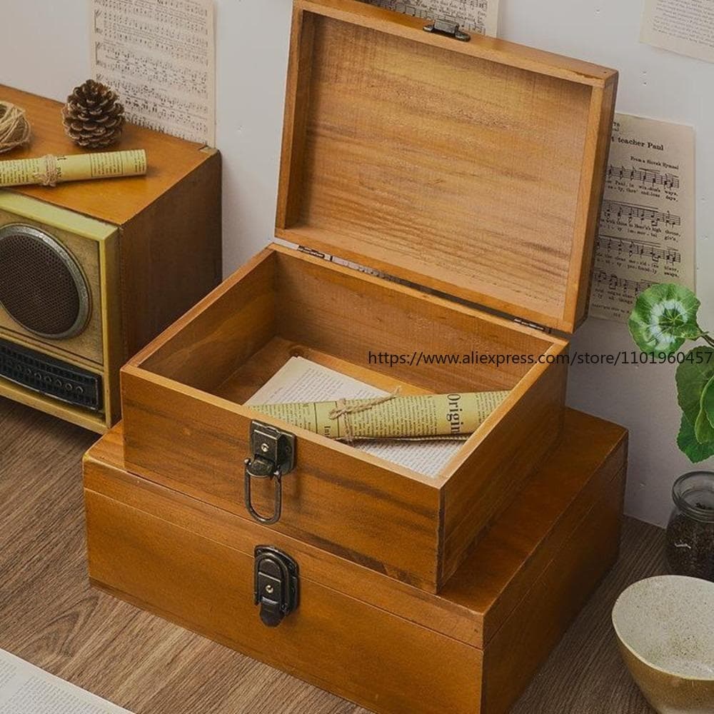 Förvaringslåda i vintagestil i japansk stil med lås, massivt trä, för att organisera dokument och diverse föremål, trä
